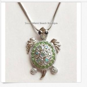 Sea Turtle Necklace Silver Plated Green Crystal Island Nautical 17" Chain